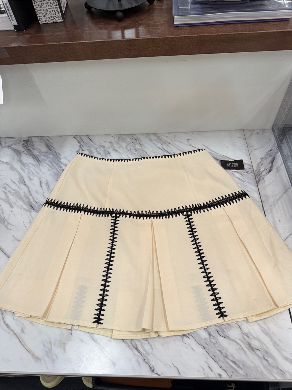 cinq a sept Cream Mini Skirt with Black Zigzag Trim
